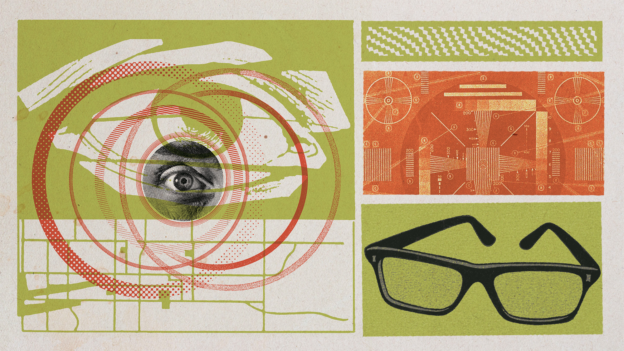Illustrative and photo collage of eyes, glasses, circuits and patterns evocative of light waves.
