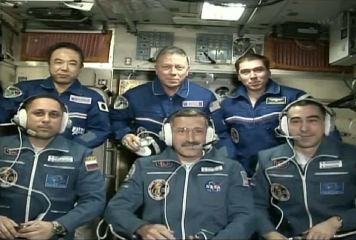 Top row (from left to right): Japanese astronaut Satoshi Furukawa, NASA astronaut Mike Fossum and Russian cosmonaut Sergei Volkov. Bottom row (from left to right): Russian cosmonaut Anton Shkaplerov, NASA astronaut Dan Burbank, and Russian cosmonaut Anato