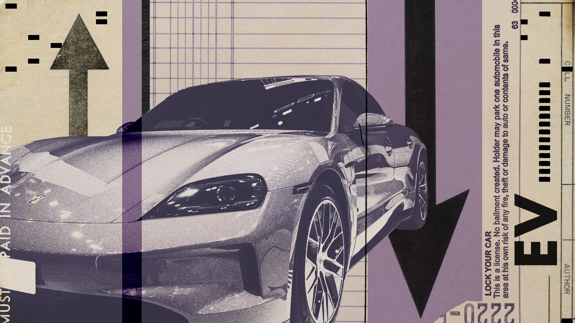 Photo collage of a Porsche Taycan, a parking ticket, and other paper ephemera