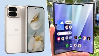 A split image of an alleged render of the Google Pixel 10 Pro Fold and a photo of the Samsung Galaxy Z Fold 7