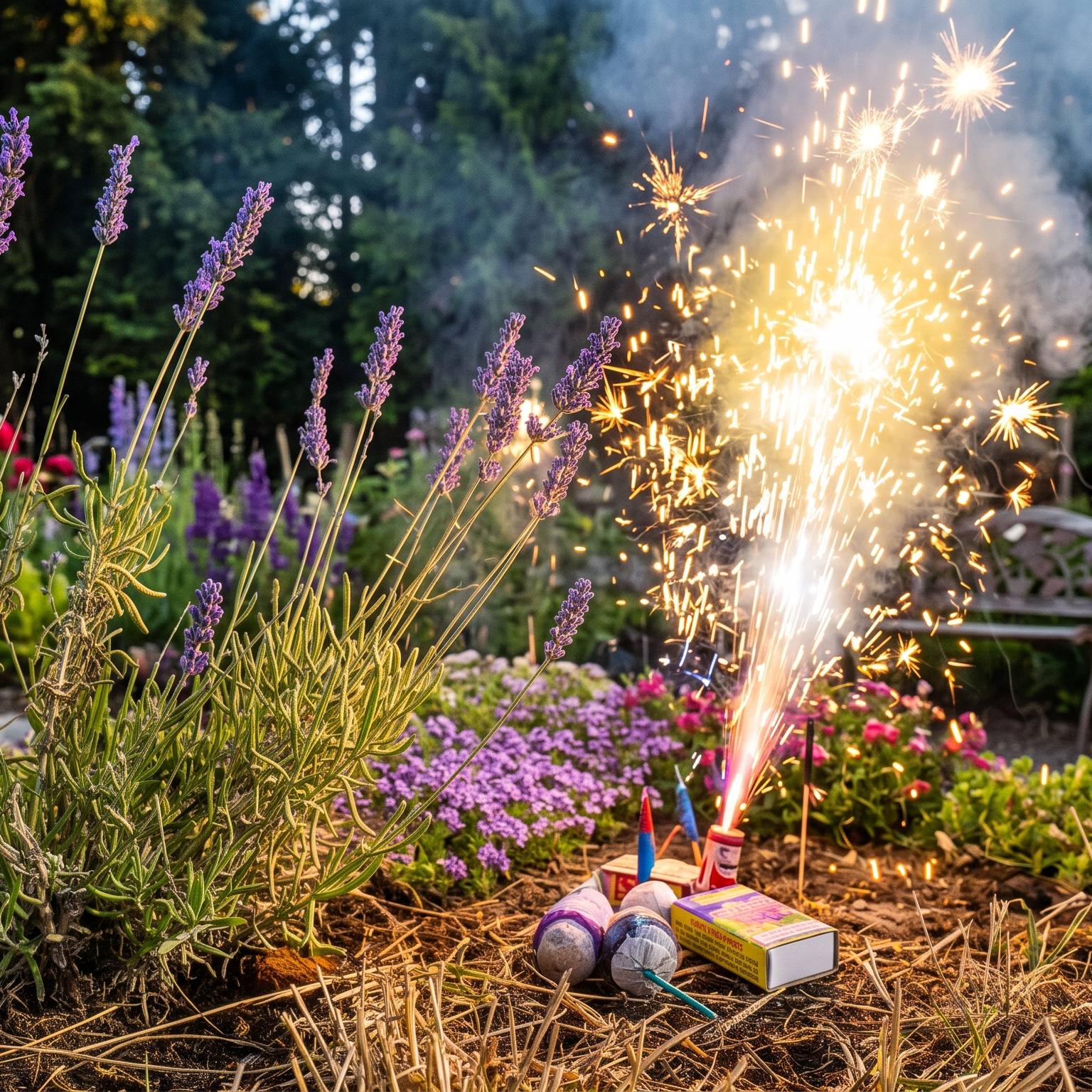 Lit fireworks in a garden next to a lavender plant