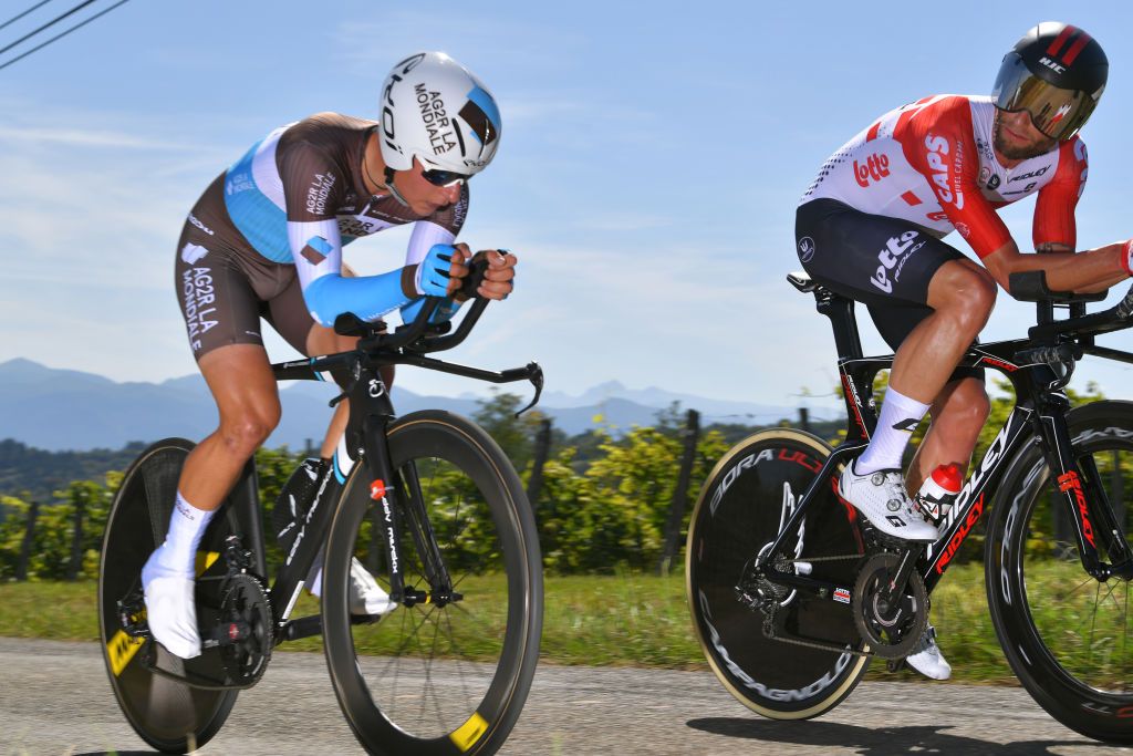 Clement Chevrier passes another rider in the Vuelta a Espana stage 10 time trial in Pau