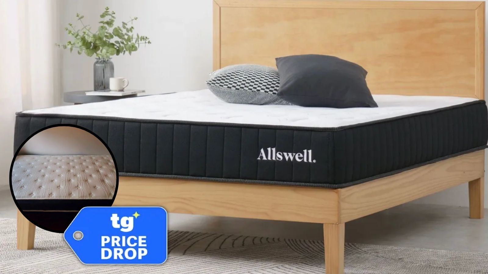 Black and white Allswell Hybrid Mattress on wooden bed frame in bedroom. Inset off top of the mattress surface and Tom's Guide's price drop logo. 