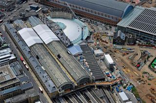 An aerial view of the Kings Cross station transformation site by John McAslan + Partners as of June 2011
