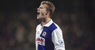 Blackburn Rovers and England striker Alan Shearer shouting during an FA Cup 4th Round match against Charlton Athletic at The Valley on January 29th, 1994 in London, United Kingdom.