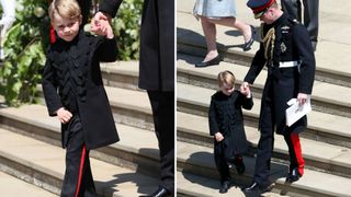(L) Prince George, (R) Prince George and William at Harry's wedding