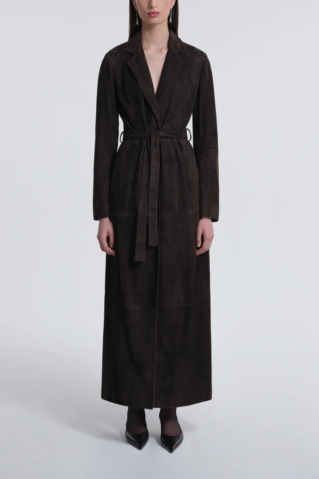 Nour Hammour long brown suede coat