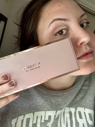 Sophia Vilensky testing a nude eyeshadow look with the Patrick Ta Major Dimension III palette