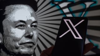 The new (Twitter) logo rebranded as X displayed on mobile with Elon Musk seen in the background, in this illustration. on 03 September 2023 in Brussels, Belgium. 