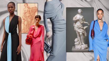 Collage of model wearing black draped dress, pink draped dress, gray draped dress, blue draped dress and white sculptures