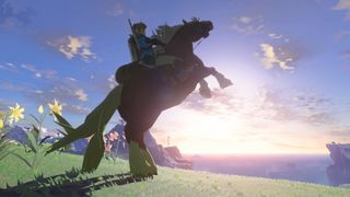 The Legend of Zelda: Tears of the Kingdom screenshot showing Link riding Epona through Hyrule