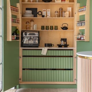 Green reeded kitchen with internal reeded doors in pantry