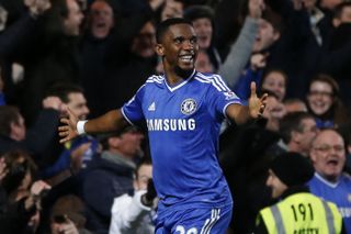 Samuel Eto'o celebrates after scoring a hat-trick for Chelsea against Manchester United in January 2014.