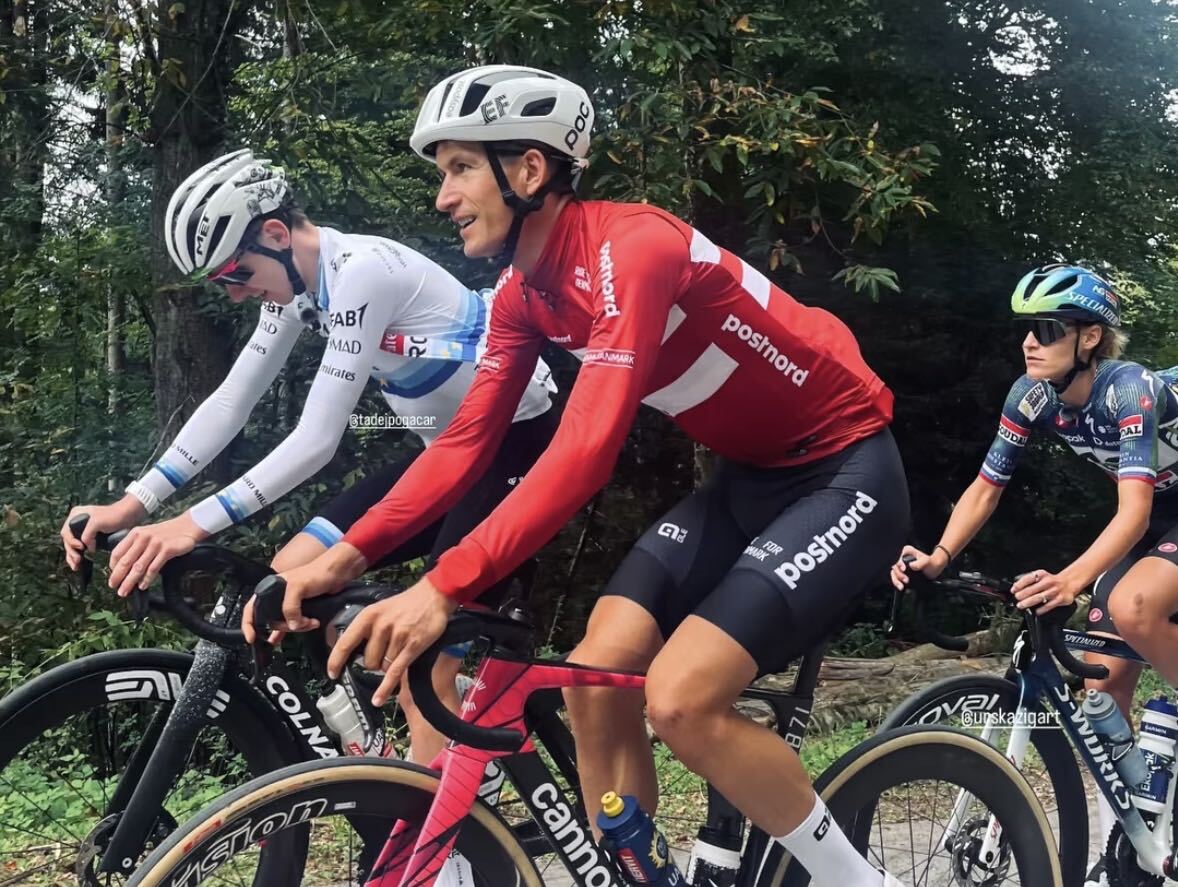 European Champion Tadej Poga&amp;#269;ar rides alongside Mikkel Honor&amp;eacute; and Ur&amp;scaron;ka &amp;#381;igart in training in Slovenia