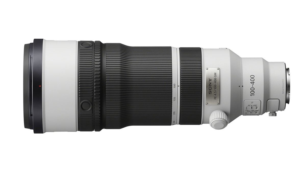 Sony FE 100-400mm f/4.5 GM OSS against a white background