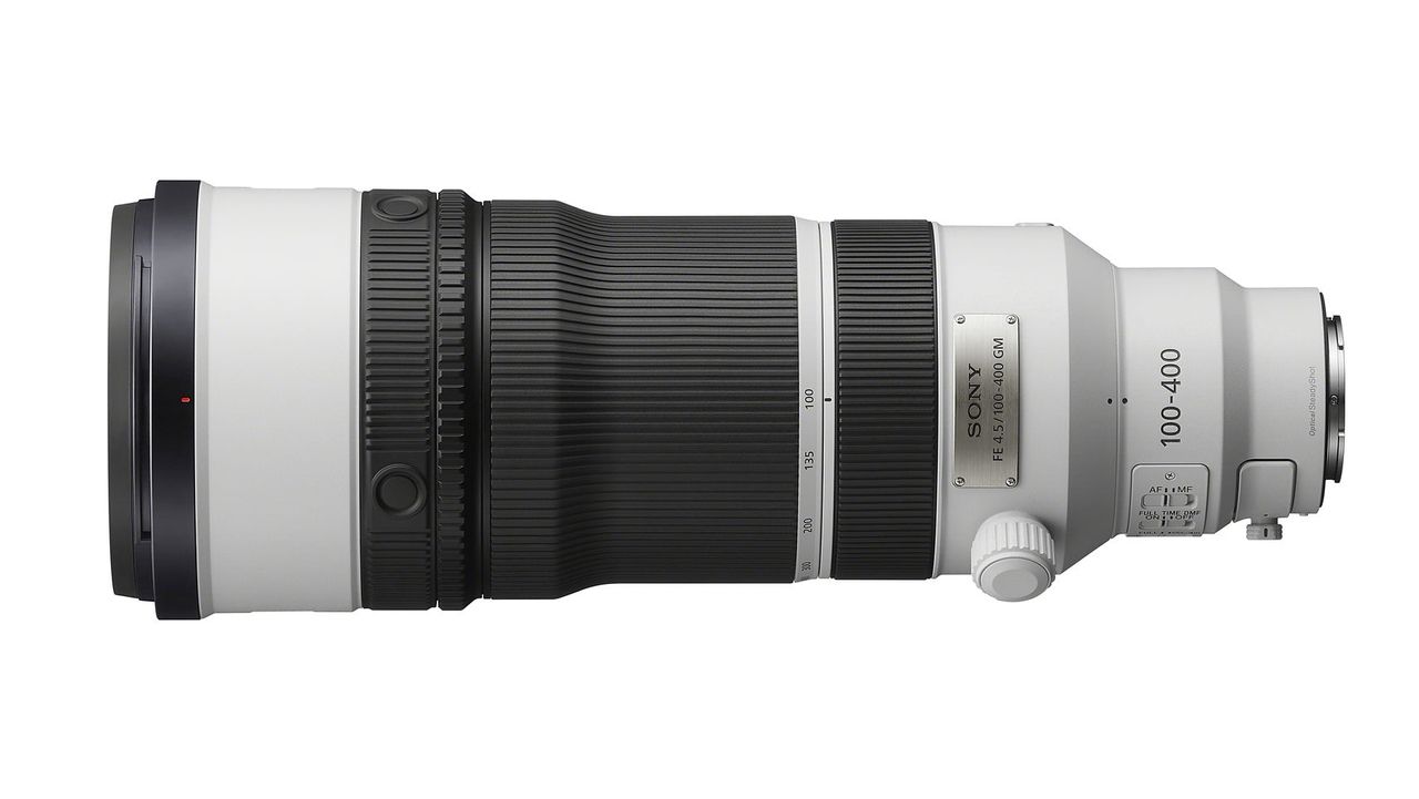 Sony FE 100-400mm f/4.5 GM OSS against a white background