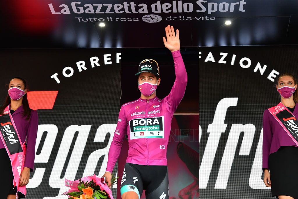 VILLAFRANCA TIRRENA ITALY OCTOBER 06 Podium Peter Sagan of Slovakia and Team Bora Hansgrohe Purple Points Jersey Celebration during the 103rd Giro dItalia 2020 Stage 4 a 140km stage from Catania to Villafranca Tirrena girodiitalia Giro on October 06 2020 in Villafranca Tirrena Italy Photo by Stuart FranklinGetty Images