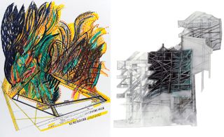 LEFT: A colourful abstract sketch named Projet de Plateau Beaubourg; RIGHT: A black and white abstract sketch called Le Nouveau Musée