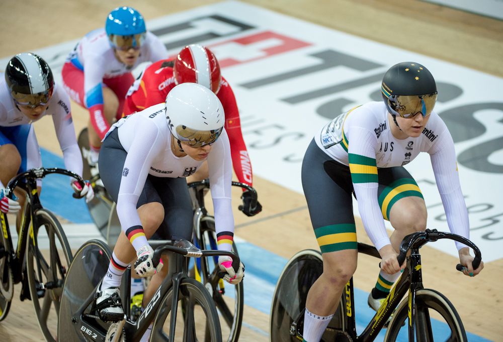Australia's Stephanie Morton (R) leads during the first round session of the women's Keirin on the fifth day of the 2017 Track Cycling World Championships