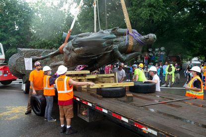 The Stonewall Jackson statue in Richmond, Virginia, after being removed from its base.