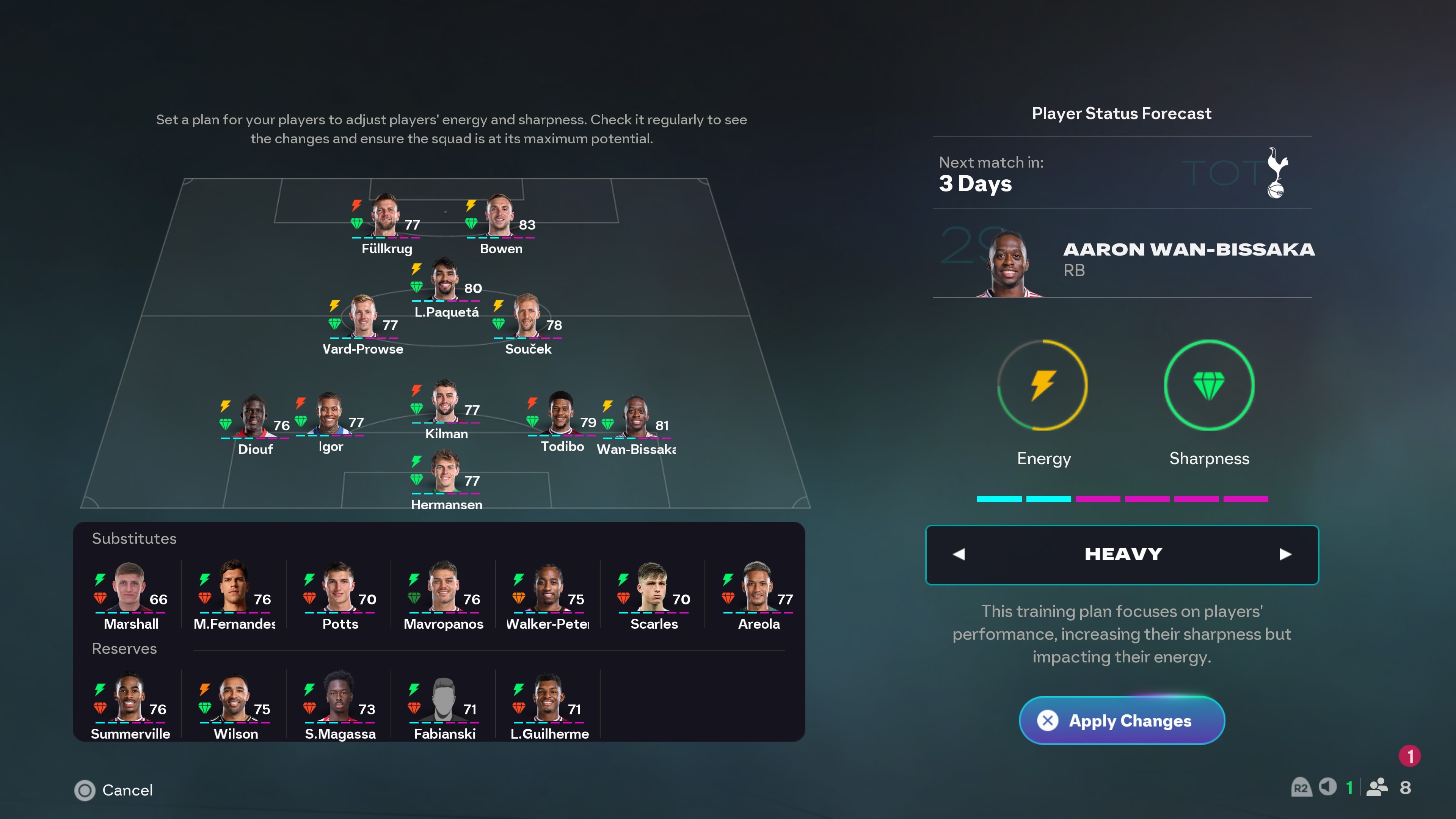 The player status screen within an FC 26 training plan