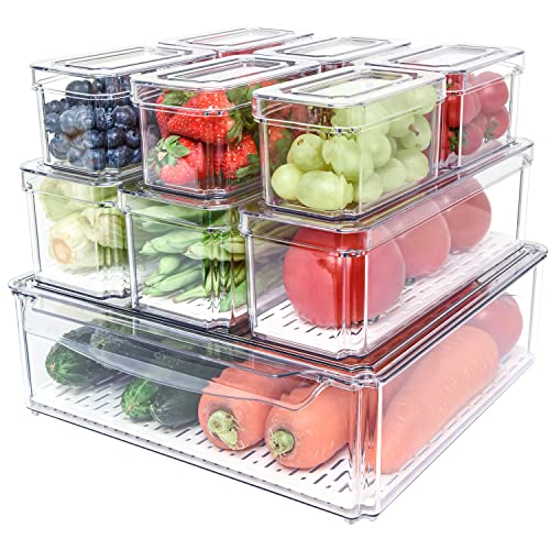 Pomeat 10 Pack Fridge Organizer, Stackable Refrigerator Bins With Lids, Bpa-Free Produce Fruit Storage Containers for Fridge, Clear for Food, Drinks, Vegetable