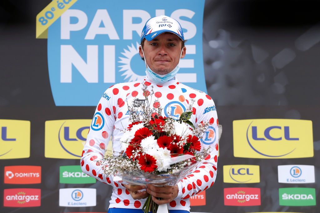 SAINTSAUVEURDEMONTAGUT FRANCE MARCH 10 Valentin Madouas of France and Team Groupama FDJ celebrates at podium as White Best Young Rider Jersey winner during the 80th Paris Nice 2022 Stage 5 a 189km stage from SaintJustSaintRambert to SaintSauveurdeMontagut on ParisNice WorldTour March 10 2022 in SaintSauveurdeMontagut France Photo by Bas CzerwinskiGetty Images