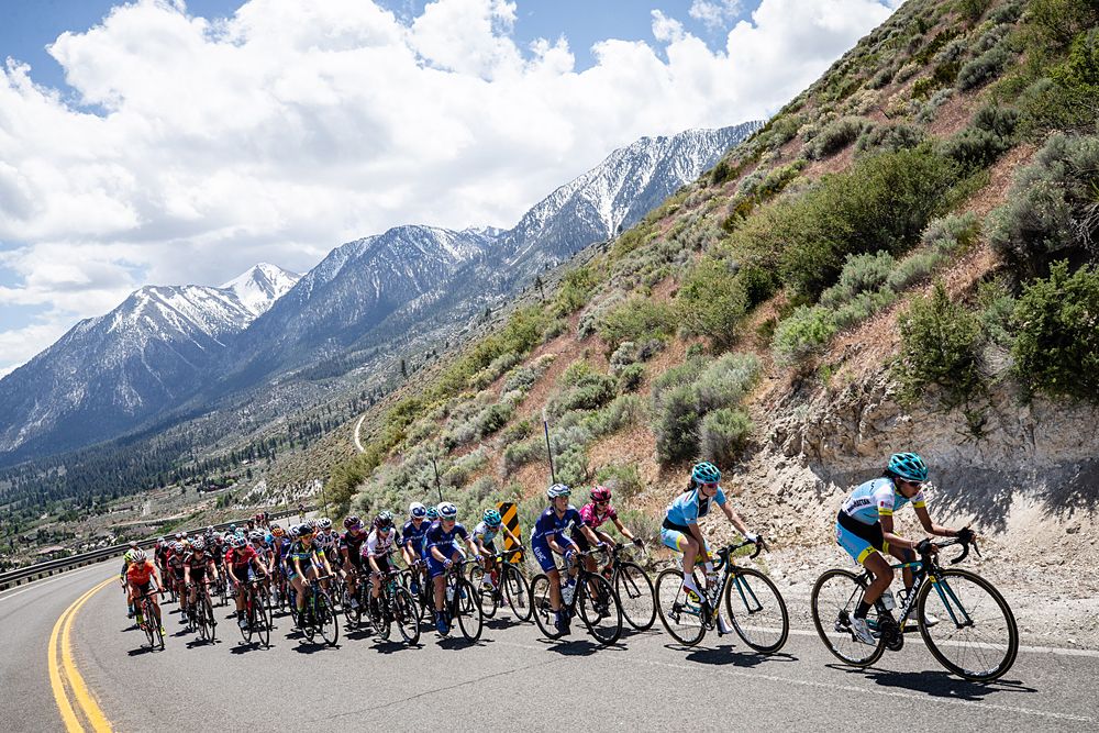The peloton hits the first climb of the day during stage 2 of the Amgen Tour of California Women's Race