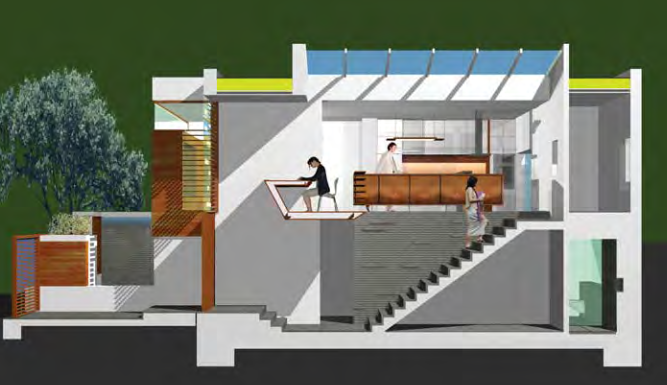 The house is arranged in an upside-down layout