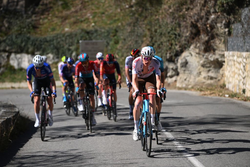 COL DE LA COUILLOLE FRANCE MARCH 11 Dorian Godon of France and Ag2R Citroen Team competes in the breakaway during the 81st Paris Nice 2023 Stage 7 a 1429km stage from Nice to La Col de la Couillole 1676m UCIWT ParisNice on March 11 2023 in La Col de la Couillole France Photo by Alex BroadwayGetty Images