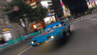 Forza Horizon 6: A car designed to look like The King from Pixar's Cars racing through Tokyo City at night.