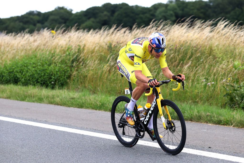 LONGWY FRANCE JULY 07 Wout Van Aert of Belgium and Team Jumbo Visma Yellow Leader Jersey competes in the breakaway during the 109th Tour de France 2022 Stage 6 a 2199km stage from Binche to Longwy 377m TDF2022 WorldTour on July 07 2022 in Longwy France Photo by Michael SteeleGetty Images