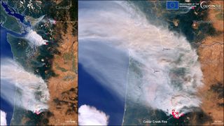 Wildfires in the North American West seen from space.