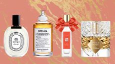 A collection of Perfumes that smell like Christmas from Diptyque, Maison Margiela, Jo Malone London and Kilian Paris, pictured on an orange and gold template