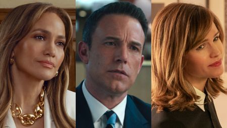 Jackie Cruz (Jennifer Lopez) has a conversation in Office Romance, Christian Wolff (Ben Affleck) speaks in The Accountant 2, while Jess Walker (Jennifer Garner) looks over her should in Family Switch.
