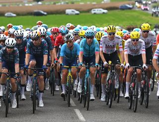 DIJON, FRANCE - JULY 04: (L-R) Bob Jungels of Luxembourg, Matteo Sobrero of Italy, Primoz Roglic of Slovenia, Jan Tratnik of Slovenia, Wout Van Aert of Belgium and Team Visma | Lease a Bike, Jarrad Drizners of Australia and Team Lotto Dstny, Mark Cavendish of The United Kingdom, Michael Morkov of Denmark and Astana Qazaqstan Team, Tim Wellens of Belgium, Pavel Sivakov of France, Marc Soler of Spain and UAE Team Emirates, Fernando Gaviria of Colombia and Movistar Team, Michal Kwiatkowski of Poland and Nicolas Jonathan Castroviejo of Spain and Team INEOS Grenadiers and a general view of the peloton competing during the 111th Tour de France 2024, Stage 6 a 163.5km stage from Macon to Dijon / #UCIWT / on July 04, 2024 in Dijon, France. (Photo by Dario Belingheri/Getty Images)