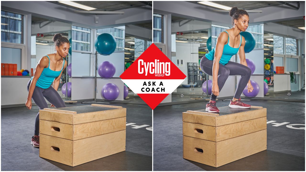 Female cyclist doing box jumps