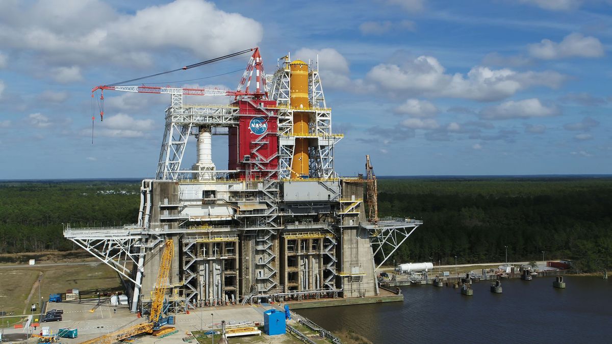 The first flight core stage of NASA&#039;s new Space Launch System (SLS) is seen here, installed on the B-2 Test Stand at NASA&#039;s Stennis Space Center in Mississippi. 