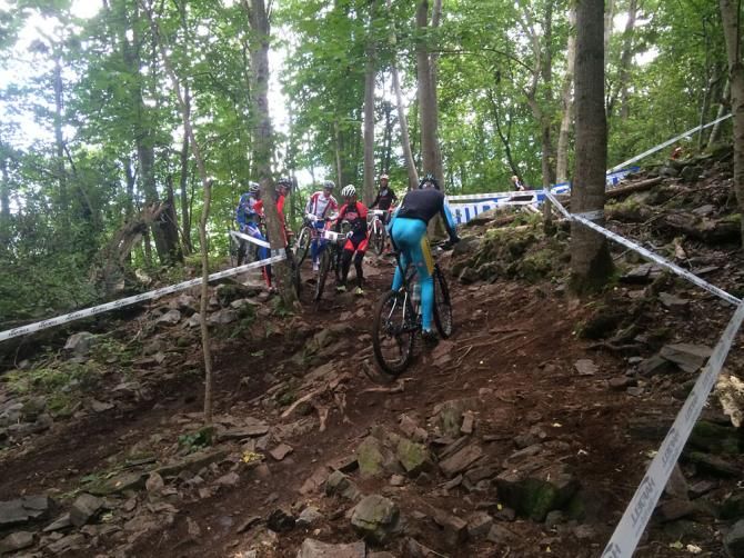 There was a bit of a traffic jam in this rock garden as riders kept going back to try to find the perfect line
