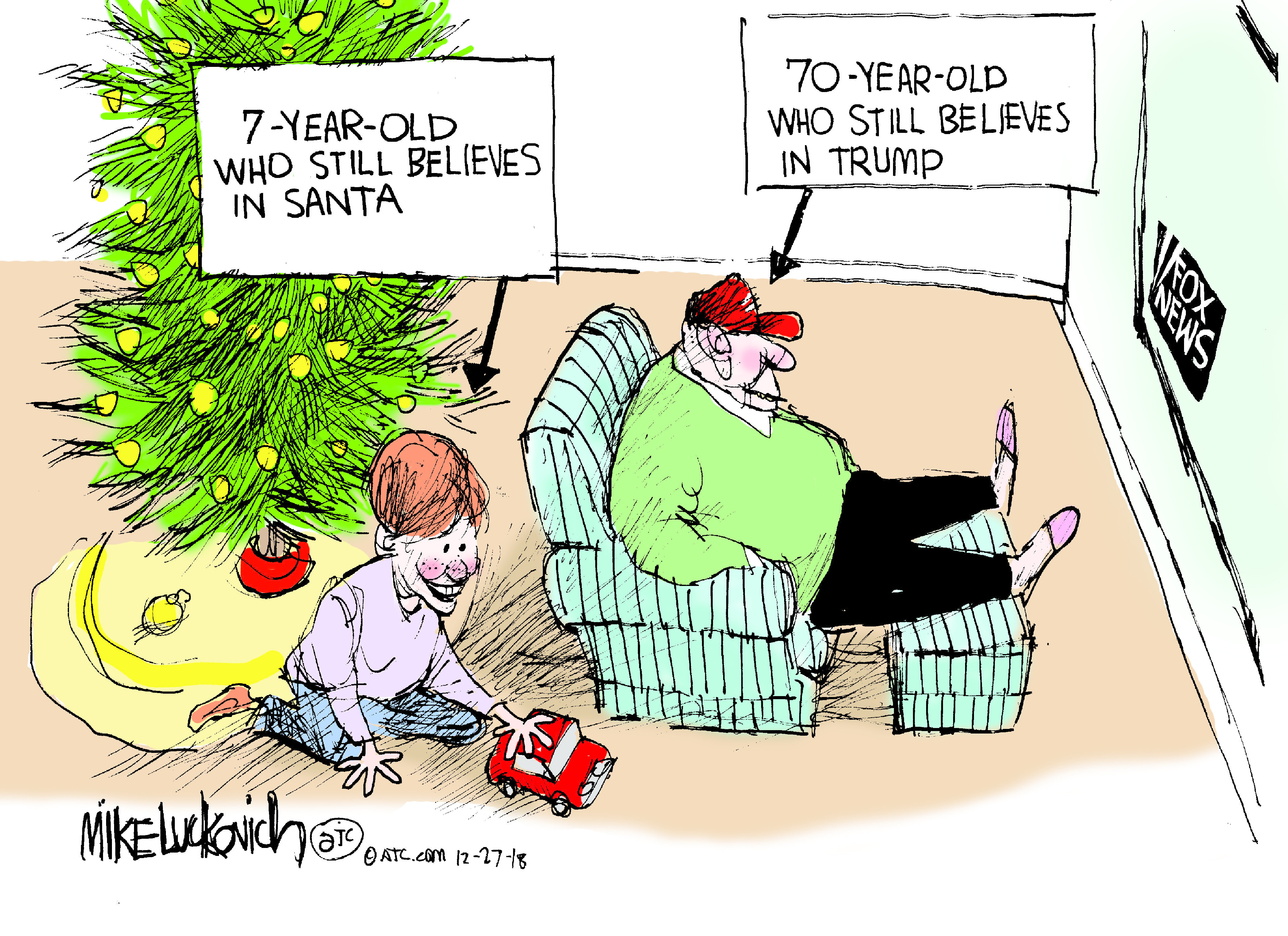 Political cartoon U.S. Trump supporter Santa 