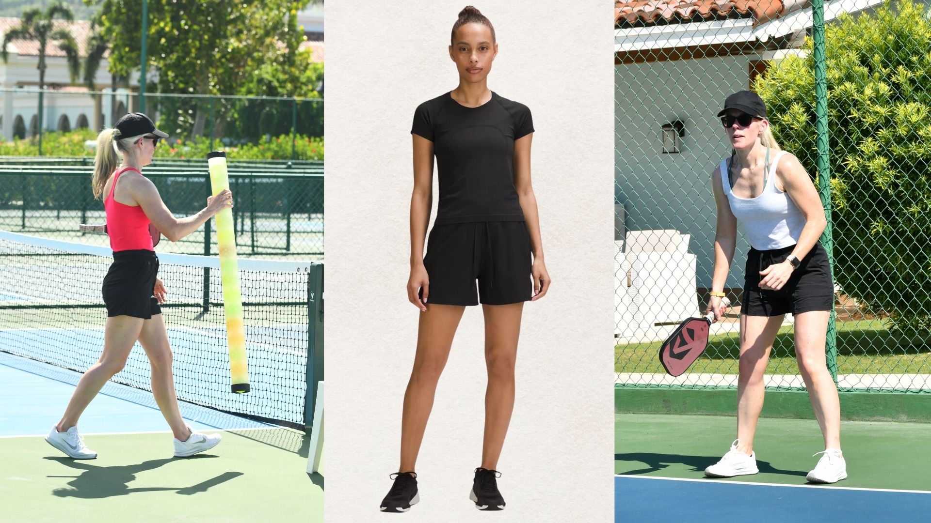 woman playing Pickleball wearing lululemon shorts