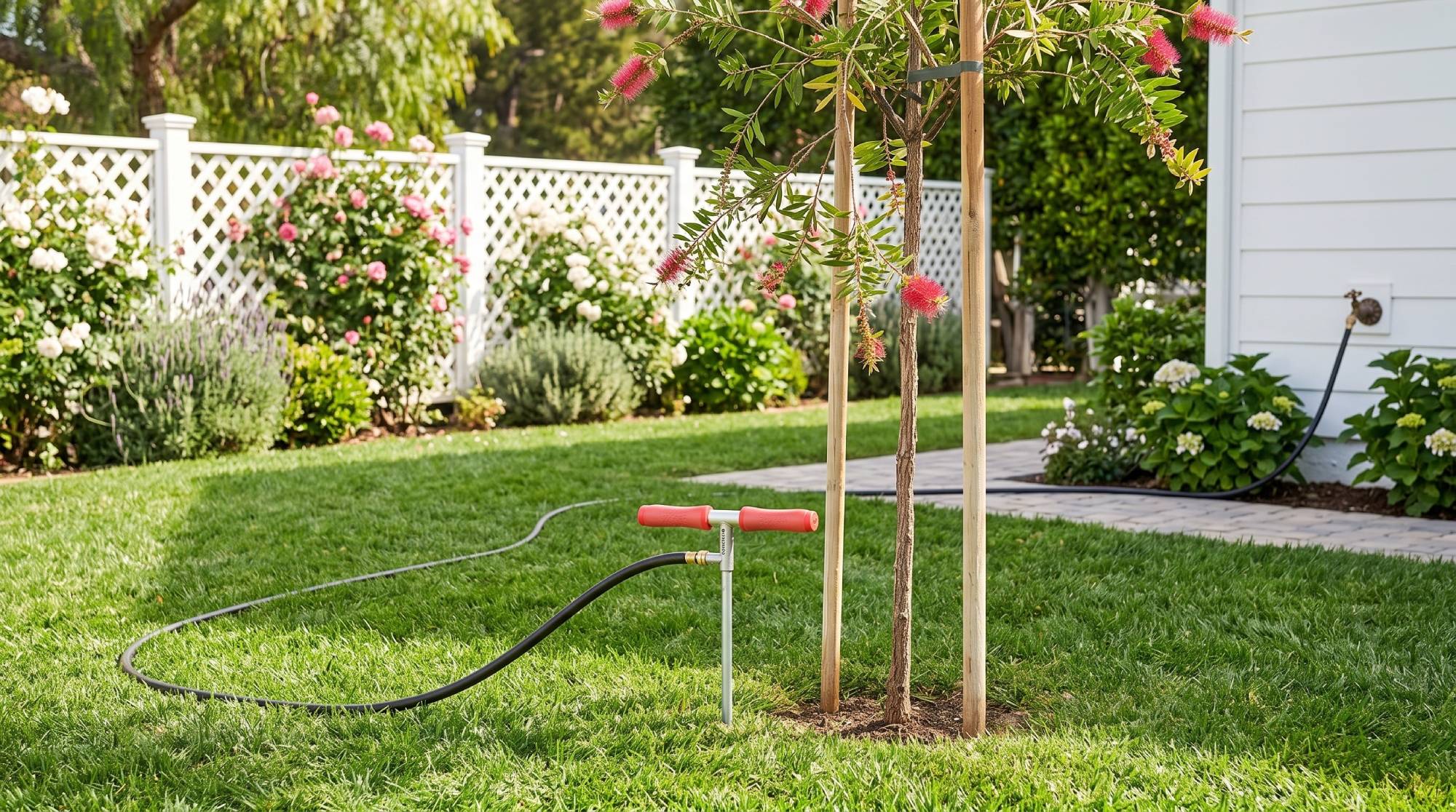 A root irrigator next to a newly planted tree in a backyard