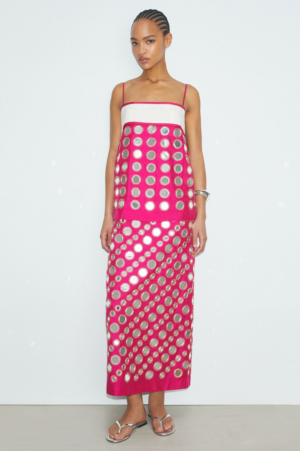 Layered Hand-Done Mirrorwork Dress in Pink, Size 0