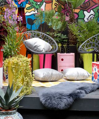 colorful container garden at Chelsea Flower Show 2021