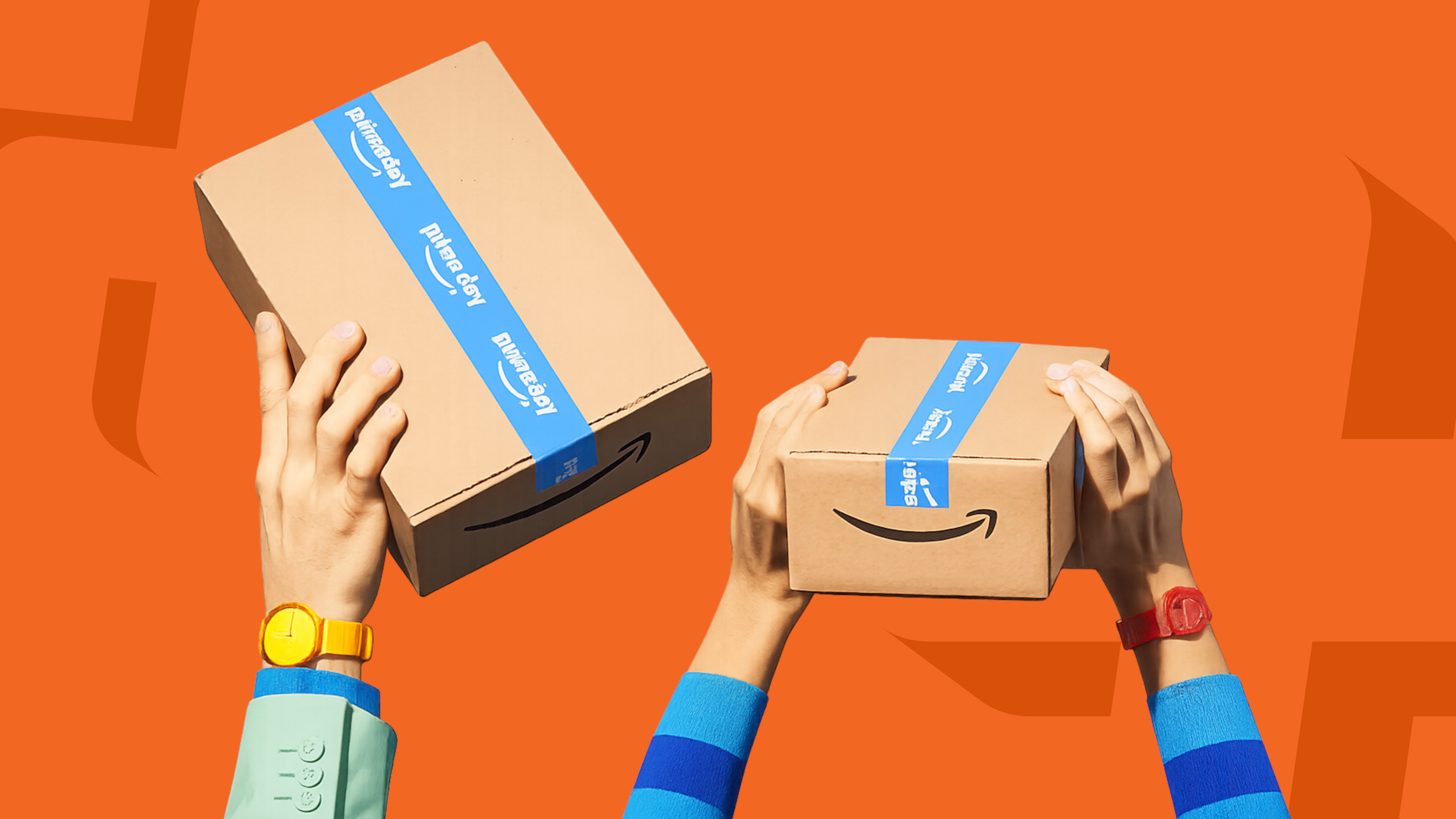 Hands holding Amazon shipping boxes in the air on an orange background