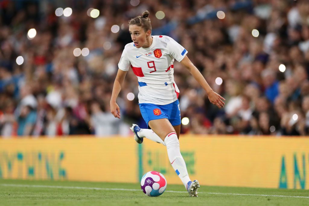 Vivianne Miedema of Netherlands runs with the ball during the Women&#039;s International friendly match between England and Netherlands at Elland Road on June 24, 2022 in Leeds , United Kingdom.