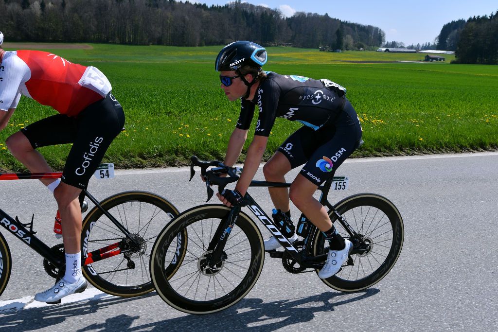 ROMONT SWITZERLAND APRIL 27 Tim Naberman of Netherlands and Team DSM competes in the breakaway during the 75th Tour De Romandie 2022 Stage 1 a 178km stage from La Grande Beroche to Romont 777m TDR2022 on April 27 2022 in Romont Switzerland Photo by Dario BelingheriGetty Images