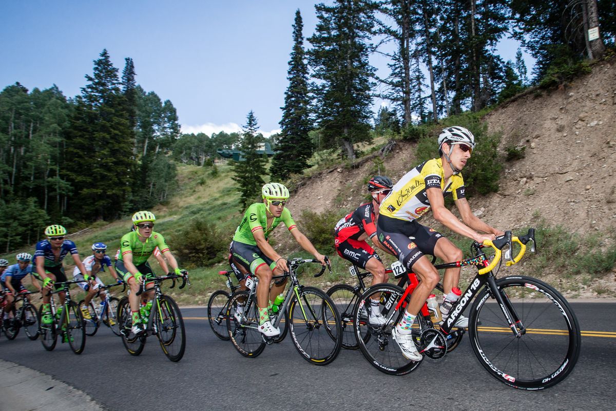Lachlan Morton (Jelly Belly) at the front on the Guardsman Pass climb