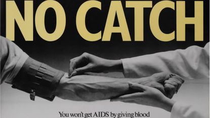 1980s sexual health poster saying 'No catch: You won't get AIDS by giving blood'