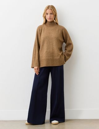 Roll Neck Ribbed Sleeve Jumper With Wool